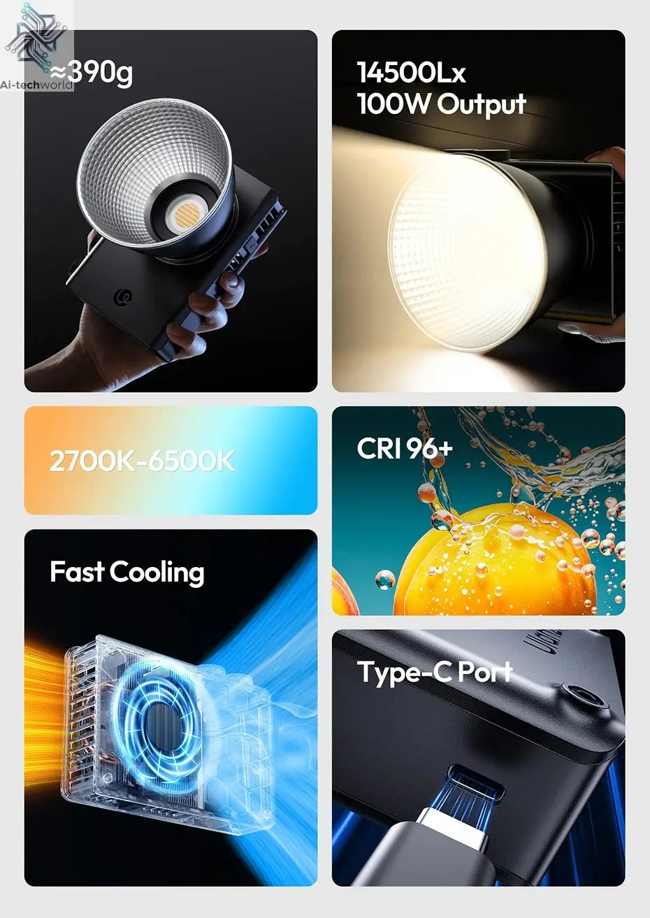 Ulanzi C01 100W Portable Bi-Color COB Video Light 2700-6500K CRI96+ 14500 Lux Mini Bowens Mount Full Light for Photography Live Ai-TechWorld 