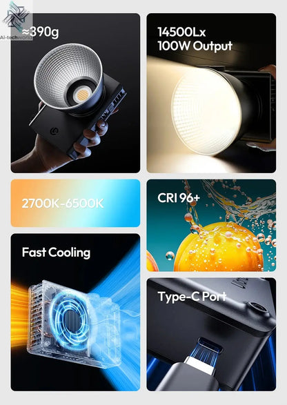 Ulanzi C01 100W Portable Bi-Color COB Video Light 2700-6500K CRI96+ 14500 Lux Mini Bowens Mount Full Light for Photography Live Ai-TechWorld 