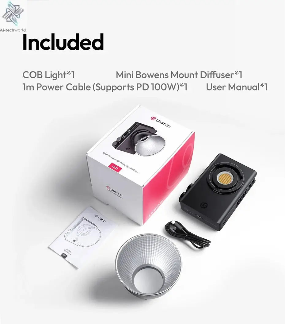Ulanzi C01 100W Portable Bi-Color COB Video Light 2700-6500K CRI96+ 14500 Lux Mini Bowens Mount Full Light for Photography Live Ai-TechWorld 