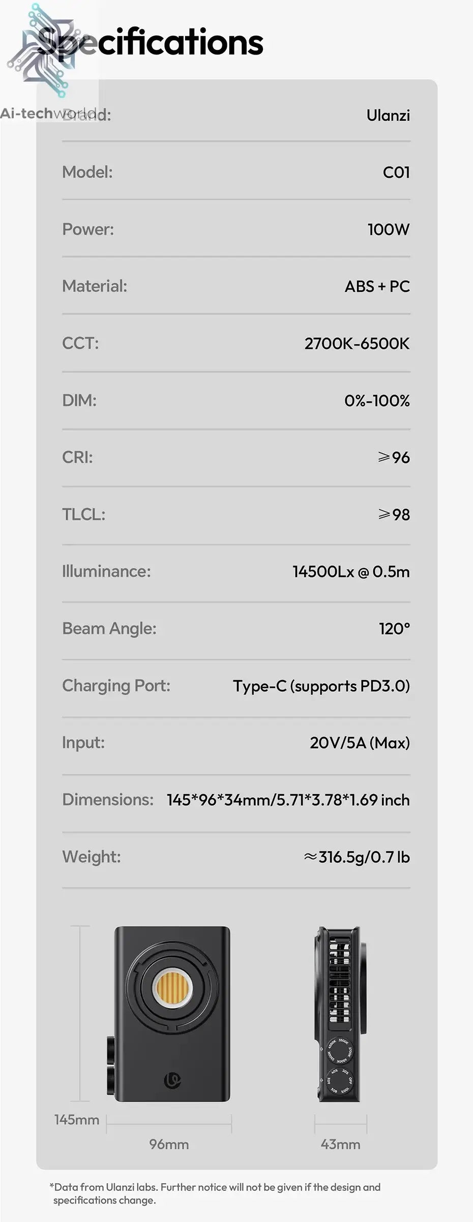 Ulanzi C01 100W Portable Bi-Color COB Video Light 2700-6500K CRI96+ 14500 Lux Mini Bowens Mount Full Light for Photography Live Ai-TechWorld 