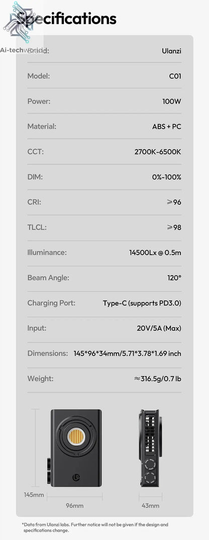 Ulanzi C01 100W Portable Bi-Color COB Video Light 2700-6500K CRI96+ 14500 Lux Mini Bowens Mount Full Light for Photography Live Ai-TechWorld 