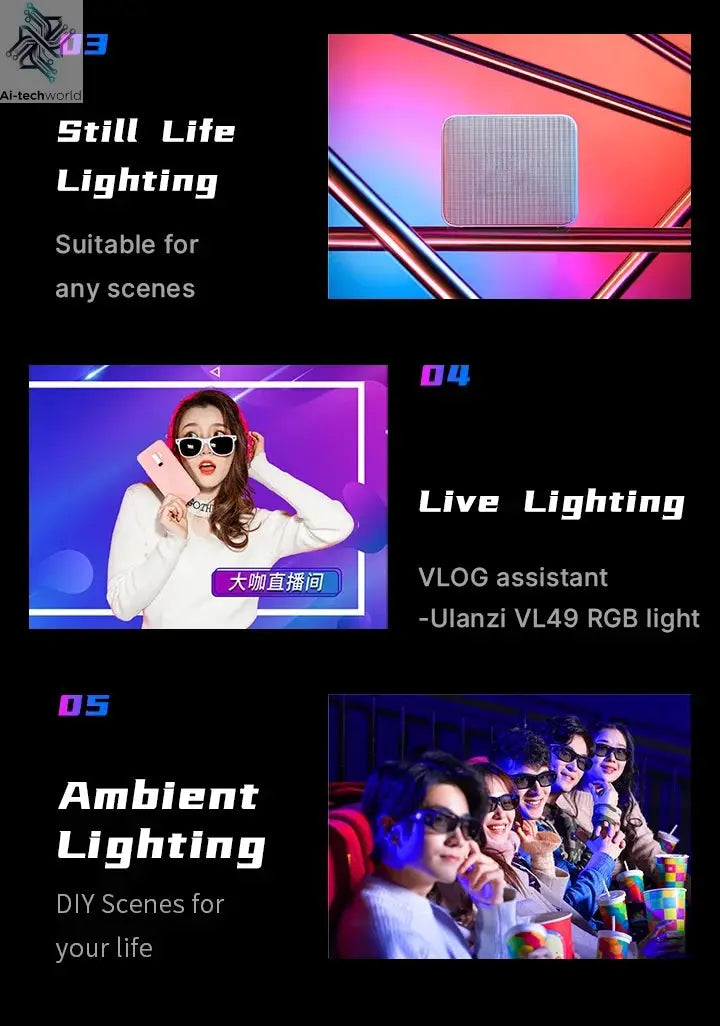 Ulanzi VL49 RGB Video Lights Mini LED Camera Light 2000mAh Rechargable LED Panel Lamp Photo Video Lighting for Youtube Tik tok Ai-TechWorld 