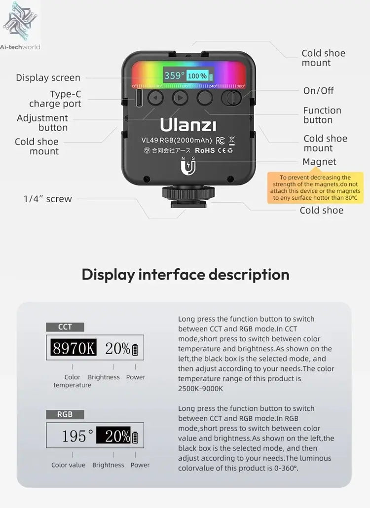 Ulanzi VL49 RGB Video Lights Mini LED Camera Light 2000mAh Rechargable LED Panel Lamp Photo Video Lighting for Youtube Tik tok Ai-TechWorld 