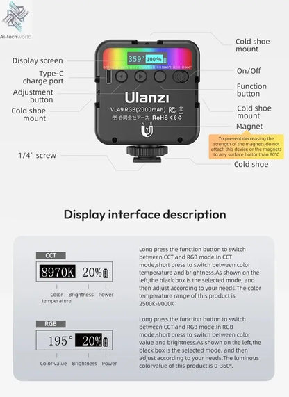 Ulanzi VL49 RGB Video Lights Mini LED Camera Light 2000mAh Rechargable LED Panel Lamp Photo Video Lighting for Youtube Tik tok Ai-TechWorld 