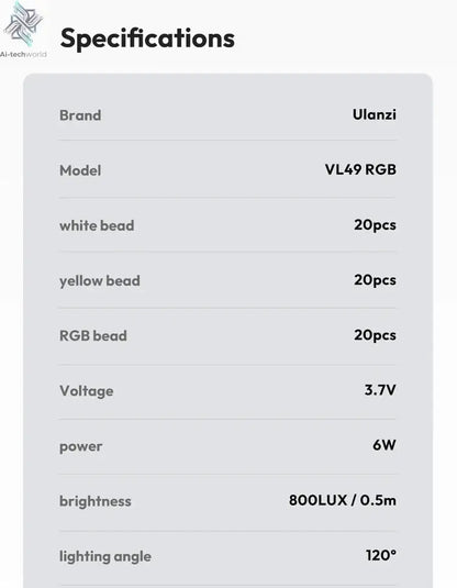 Ulanzi VL49 RGB Video Lights Mini LED Camera Light 2000mAh Rechargable LED Panel Lamp Photo Video Lighting for Youtube Tik tok Ai-TechWorld 