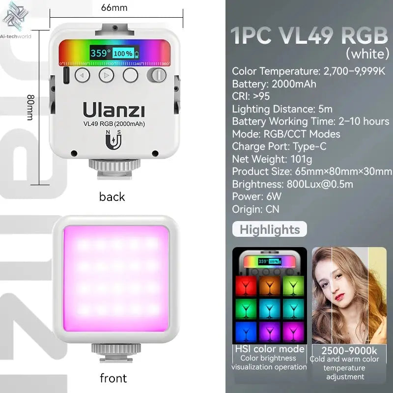Ulanzi VL49 RGB Video Lights Mini LED Camera Light 2000mAh Rechargable LED Panel Lamp Photo Video Lighting for Youtube Tik tok Ai-TechWorld 