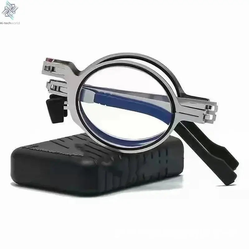 Unisex Folding Reading Glasses Transparent Lenses Full Metal Frame Anti Blue Light Comes with Case for Men and Women - Ai-TechWorld