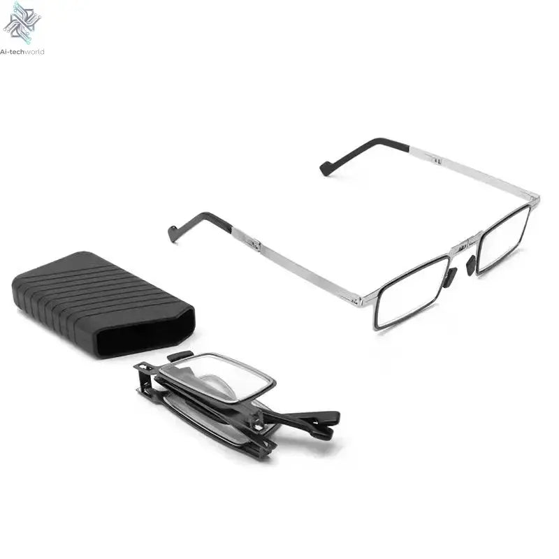 Unisex Folding Reading Glasses Transparent Lenses Full Metal Frame Anti Blue Light Comes with Case for Men and Women - Ai-TechWorld