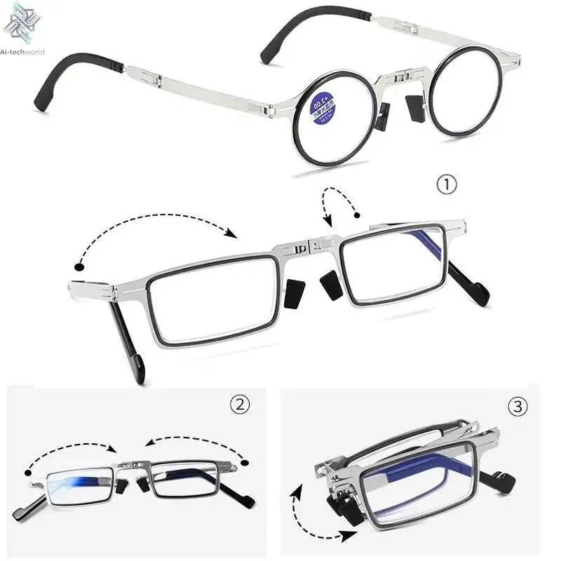 Unisex Folding Reading Glasses Transparent Lenses Full Metal Frame Anti Blue Light Comes with Case for Men and Women - Ai-TechWorld