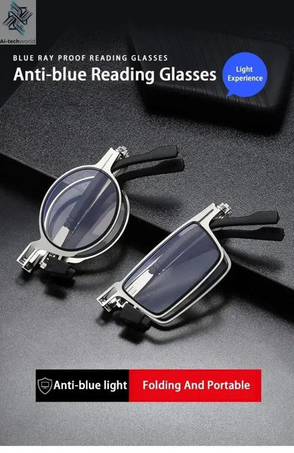 Unisex Folding Reading Glasses Transparent Lenses Full Metal Frame Anti Blue Light Comes with Case for Men and Women - Ai-TechWorld