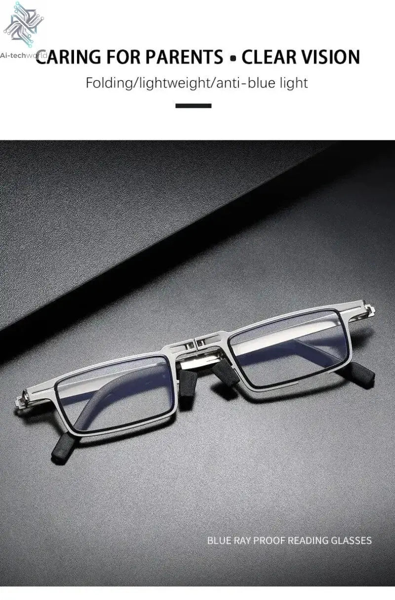 Unisex Folding Reading Glasses Transparent Lenses Full Metal Frame Anti Blue Light Comes with Case for Men and Women - Ai-TechWorld