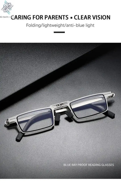 Unisex Folding Reading Glasses Transparent Lenses Full Metal Frame Anti Blue Light Comes with Case for Men and Women - Ai-TechWorld