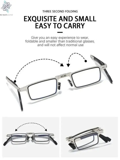 Unisex Folding Reading Glasses Transparent Lenses Full Metal Frame Anti Blue Light Comes with Case for Men and Women - Ai-TechWorld
