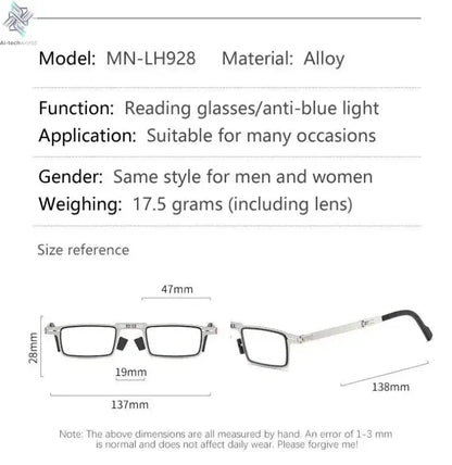 Unisex Folding Reading Glasses Transparent Lenses Full Metal Frame Anti Blue Light Comes with Case for Men and Women - Ai-TechWorld