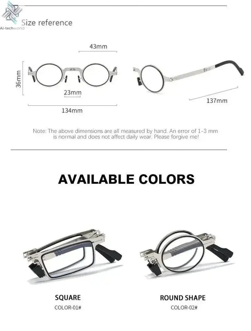Unisex Folding Reading Glasses Transparent Lenses Full Metal Frame Anti Blue Light Comes with Case for Men and Women - Ai-TechWorld