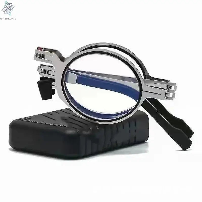 Unisex Folding Reading Glasses Transparent Lenses Full Metal Frame Anti Blue Light Comes with Case for Men and Women - Ai-TechWorld
