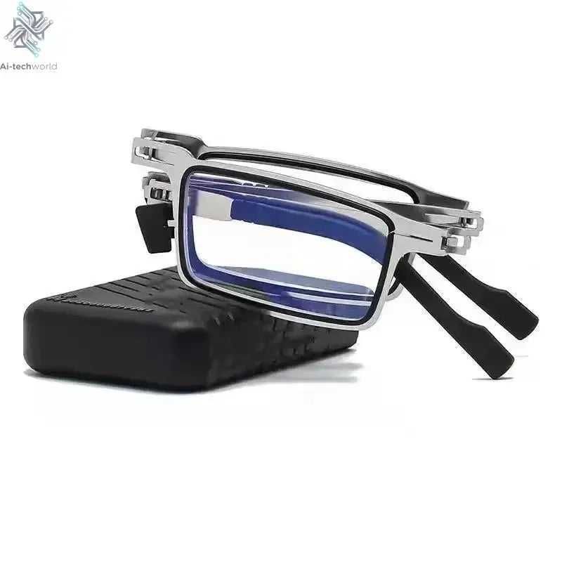 Unisex Folding Reading Glasses Transparent Lenses Full Metal Frame Anti Blue Light Comes with Case for Men and Women - Ai-TechWorld