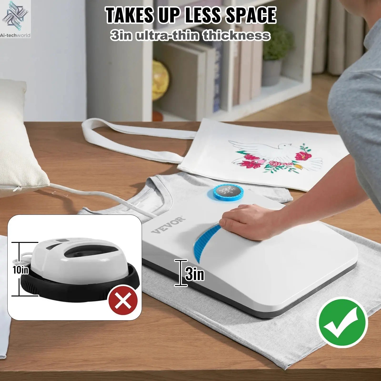 VEVOR 9x9/12x10 in Portable Heat Press Machine DIY Shirt Printing Multifunctional Sublimation Transfer for HTV Vinyl T-shirt Bag - Ai - TechWorld