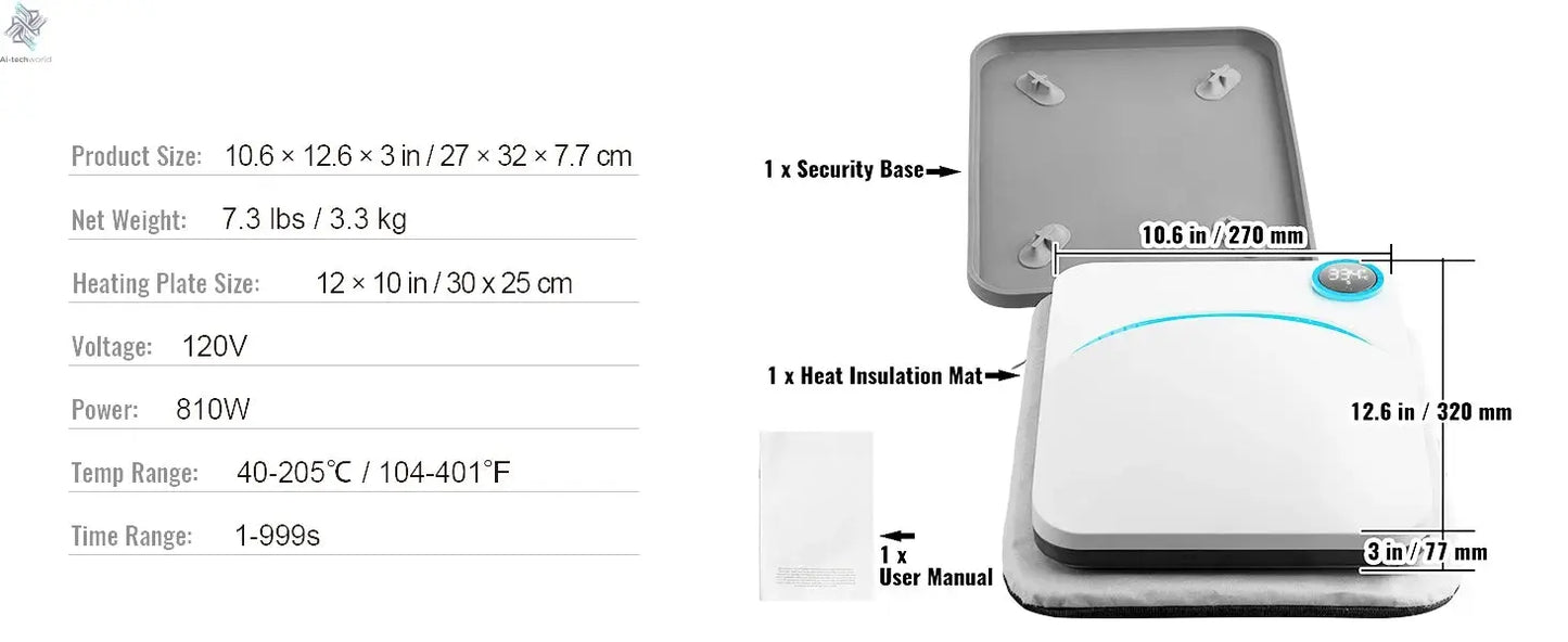 VEVOR 9x9/12x10 in Portable Heat Press Machine DIY Shirt Printing Multifunctional Sublimation Transfer for HTV Vinyl T-shirt Bag - Ai - TechWorld