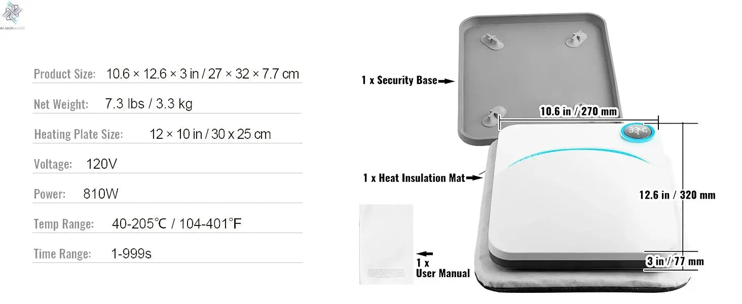 VEVOR 9x9/12x10 in Portable Heat Press Machine DIY Shirt Printing Multifunctional Sublimation Transfer for HTV Vinyl T-shirt Bag - Ai - TechWorld