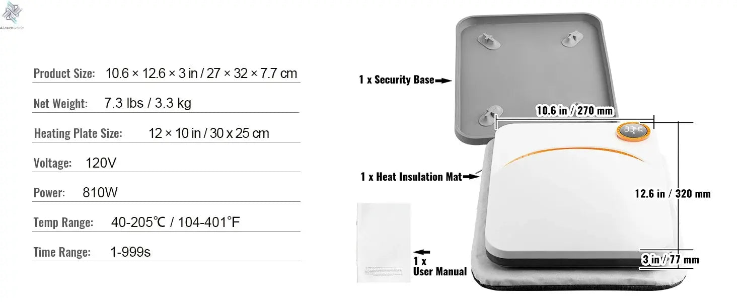 VEVOR 9x9/12x10 in Portable Heat Press Machine DIY Shirt Printing Multifunctional Sublimation Transfer for HTV Vinyl T-shirt Bag - Ai - TechWorld