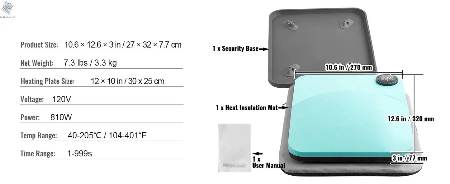 VEVOR 9x9/12x10 in Portable Heat Press Machine DIY Shirt Printing Multifunctional Sublimation Transfer for HTV Vinyl T-shirt Bag - Ai - TechWorld