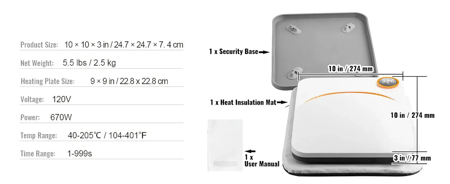 VEVOR 9x9/12x10 in Portable Heat Press Machine DIY Shirt Printing Multifunctional Sublimation Transfer for HTV Vinyl T-shirt Bag - Ai - TechWorld