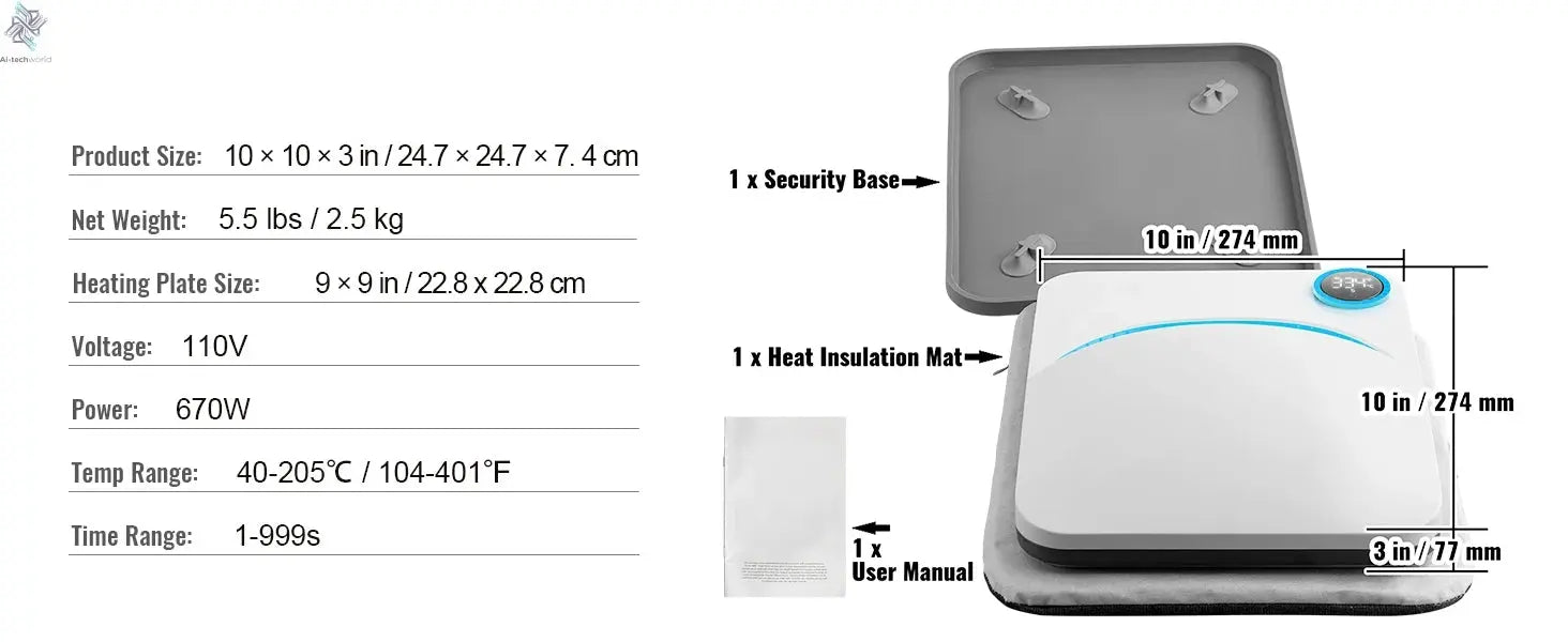 VEVOR 9x9/12x10 in Portable Heat Press Machine DIY Shirt Printing Multifunctional Sublimation Transfer for HTV Vinyl T-shirt Bag - Ai - TechWorld