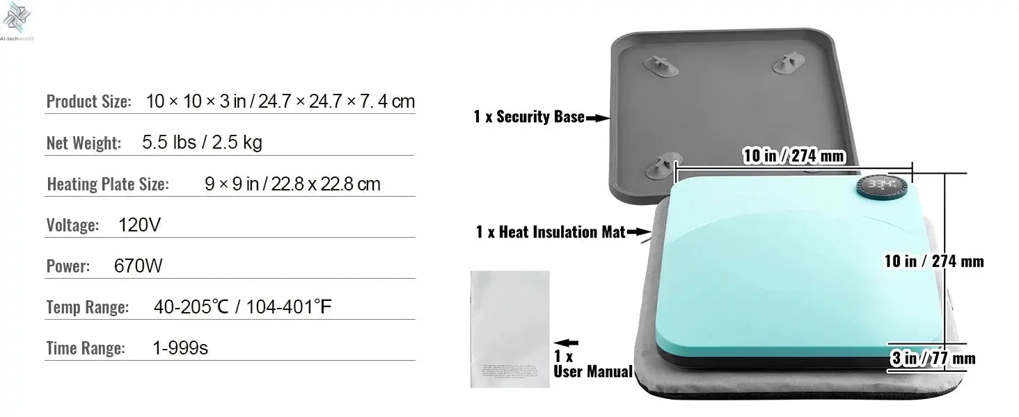 VEVOR 9x9/12x10 in Portable Heat Press Machine DIY Shirt Printing Multifunctional Sublimation Transfer for HTV Vinyl T-shirt Bag - Ai - TechWorld