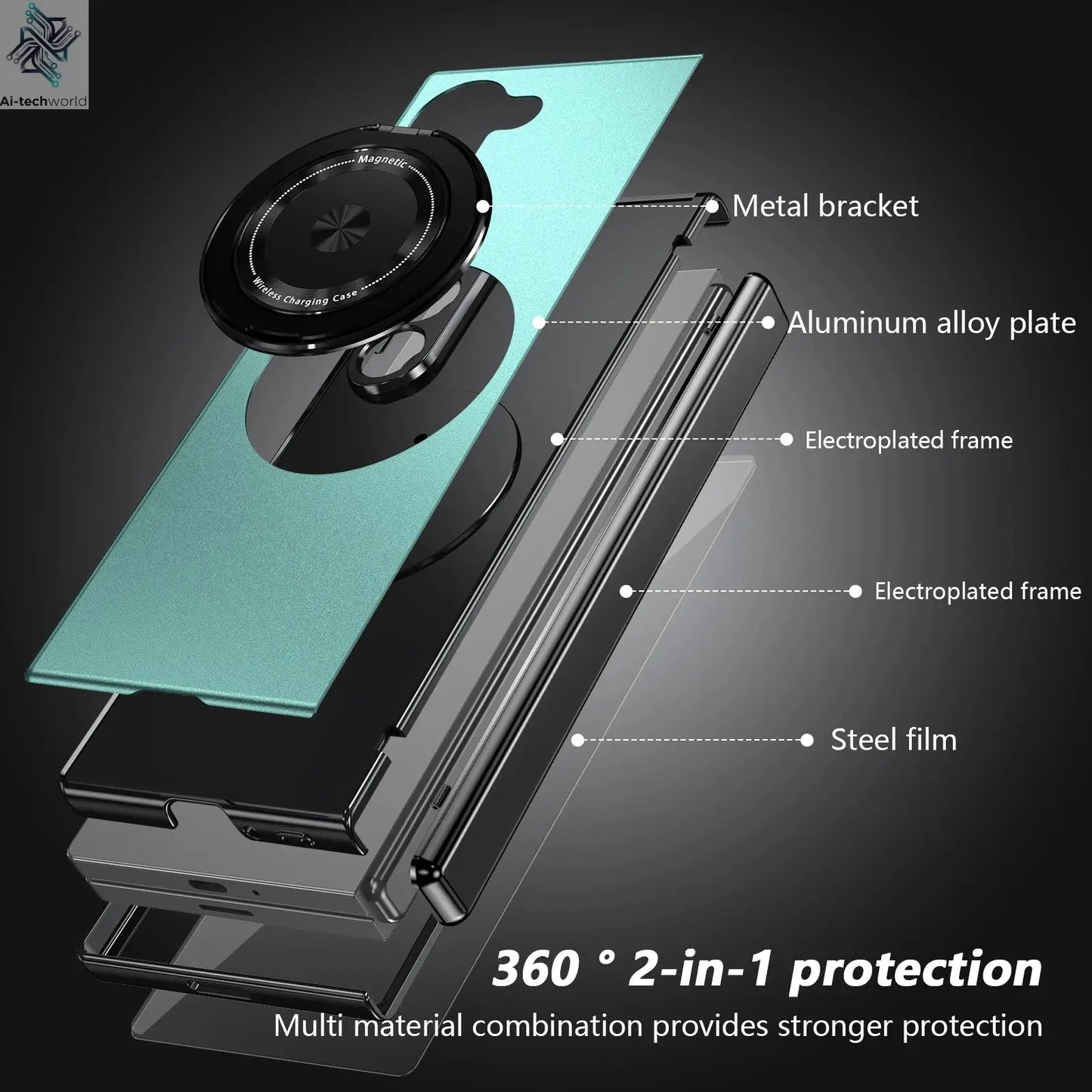 VIETAO Aluminum Alloy Plate PC Back Cover Z Fold 7 Phone Case With 360° Rotatable Magnet Metal Bracket For Galaxy Z Fold 7/6/5/4 Ai-TechWorld 