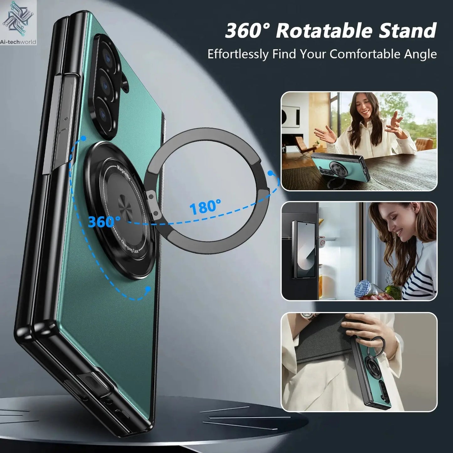 VIETAO Aluminum Alloy Plate PC Back Cover Z Fold 7 Phone Case With 360° Rotatable Magnet Metal Bracket For Galaxy Z Fold 7/6/5/4 Ai-TechWorld 