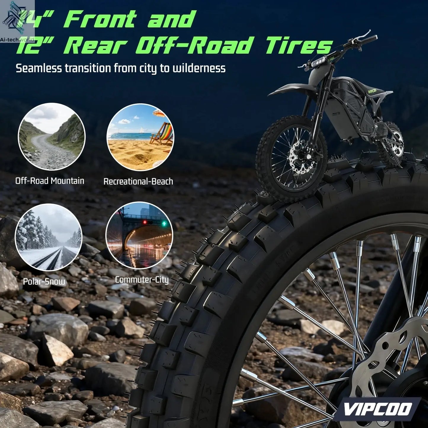 VIPCOO H3 Electric Motorcycle 3500W Motor 48V23AH Battery 63KM/H Max Speed 40-70KM Range Hydraulic Brakes Electric Mountain Bike Ai-TechWorld 