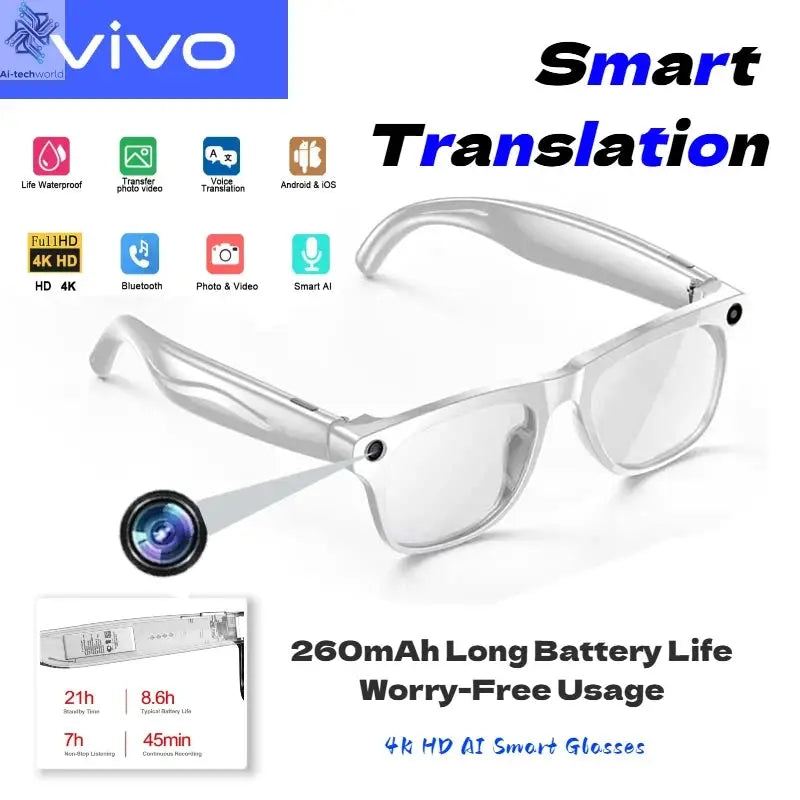 VIVO 4K HD AI Smart Glasses GPT100MP Multifunctional Camera Chat Bluetooth Call Voice Assistant Music Player Smart Translation Exam or homework passing glasses Ai-TechWorld 