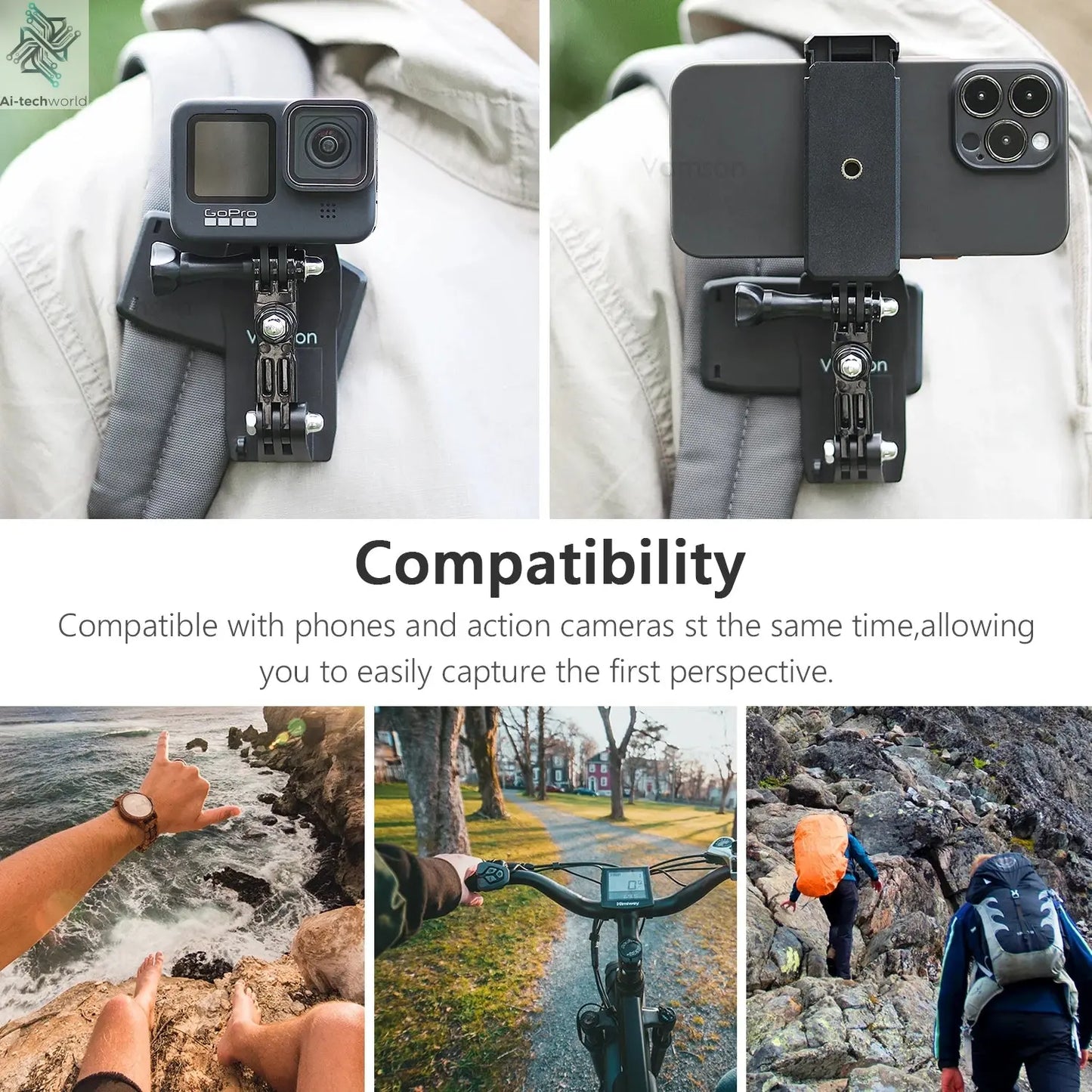 Vamson Backpack Clip for Insta360 x3 for GoPro Hero 11 10 9 Camera 360° Rotate Shoulder Belt Mount Accessories for Dji Action Ai-TechWorld 