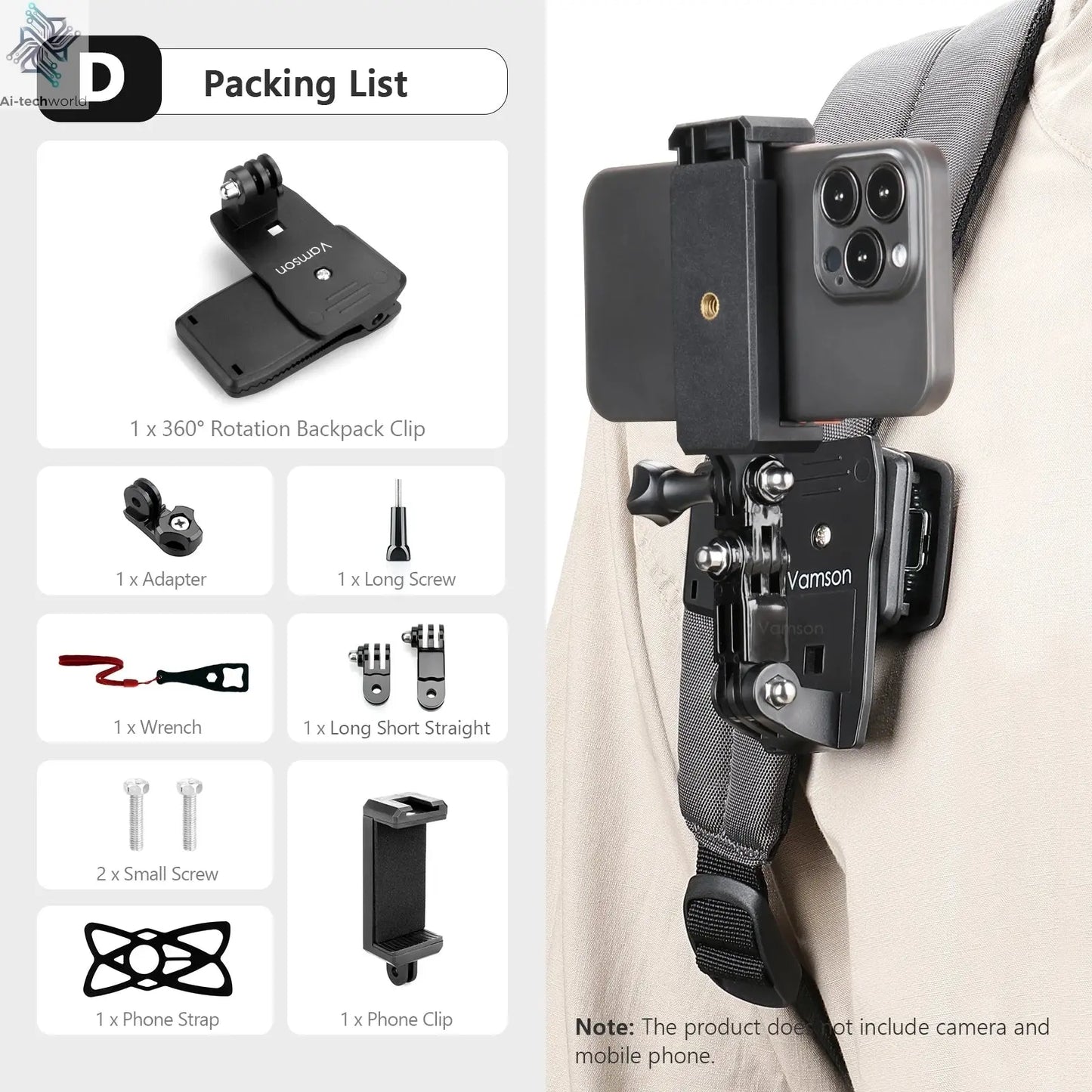 Vamson Backpack Clip for Insta360 x3 for GoPro Hero 11 10 9 Camera 360° Rotate Shoulder Belt Mount Accessories for Dji Action Ai-TechWorld 