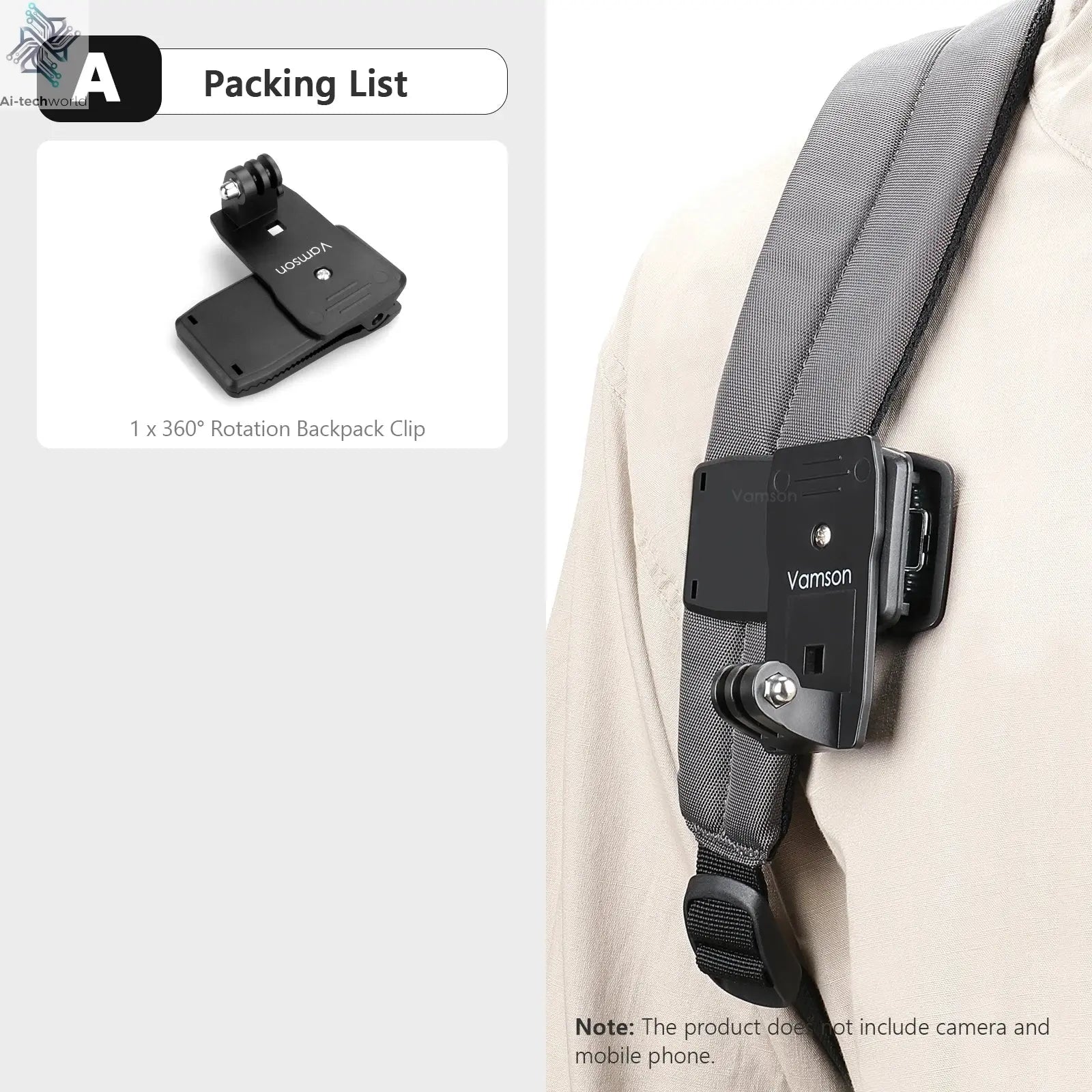 Vamson Backpack Clip for Insta360 x3 for GoPro Hero 11 10 9 Camera 360° Rotate Shoulder Belt Mount Accessories for Dji Action Ai-TechWorld 