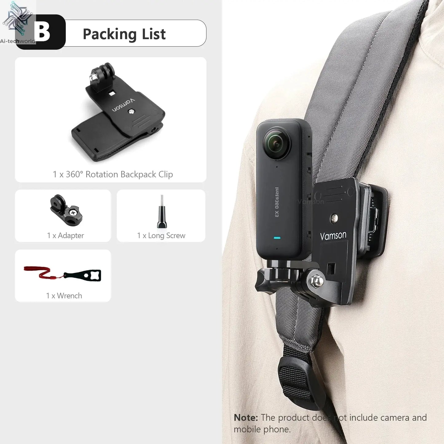 Vamson Backpack Clip for Insta360 x3 for GoPro Hero 11 10 9 Camera 360° Rotate Shoulder Belt Mount Accessories for Dji Action Ai-TechWorld 