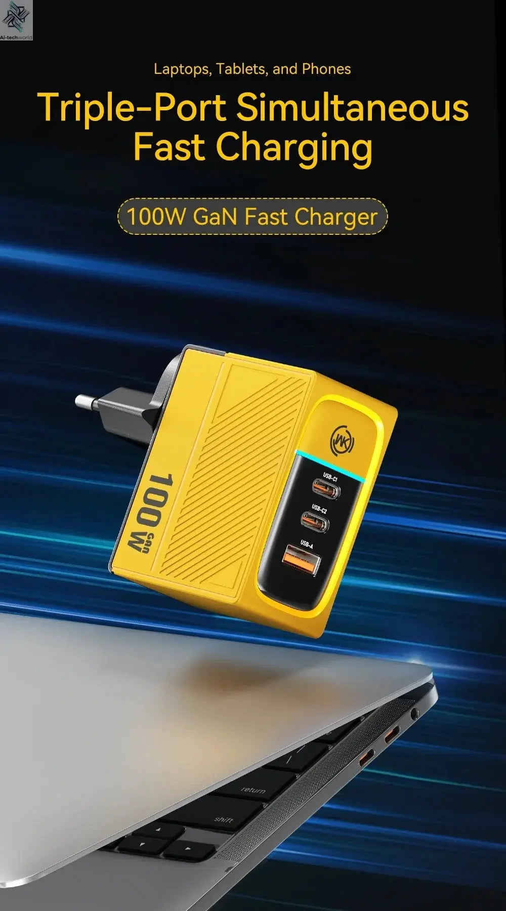 WEKOME GaN 100W Charger High Speed Fast Charging Type C Charger for Xiaomi 13 Samsung s23 ultra iPhone 15 pro max Macbook Pro Ai-TechWorld 