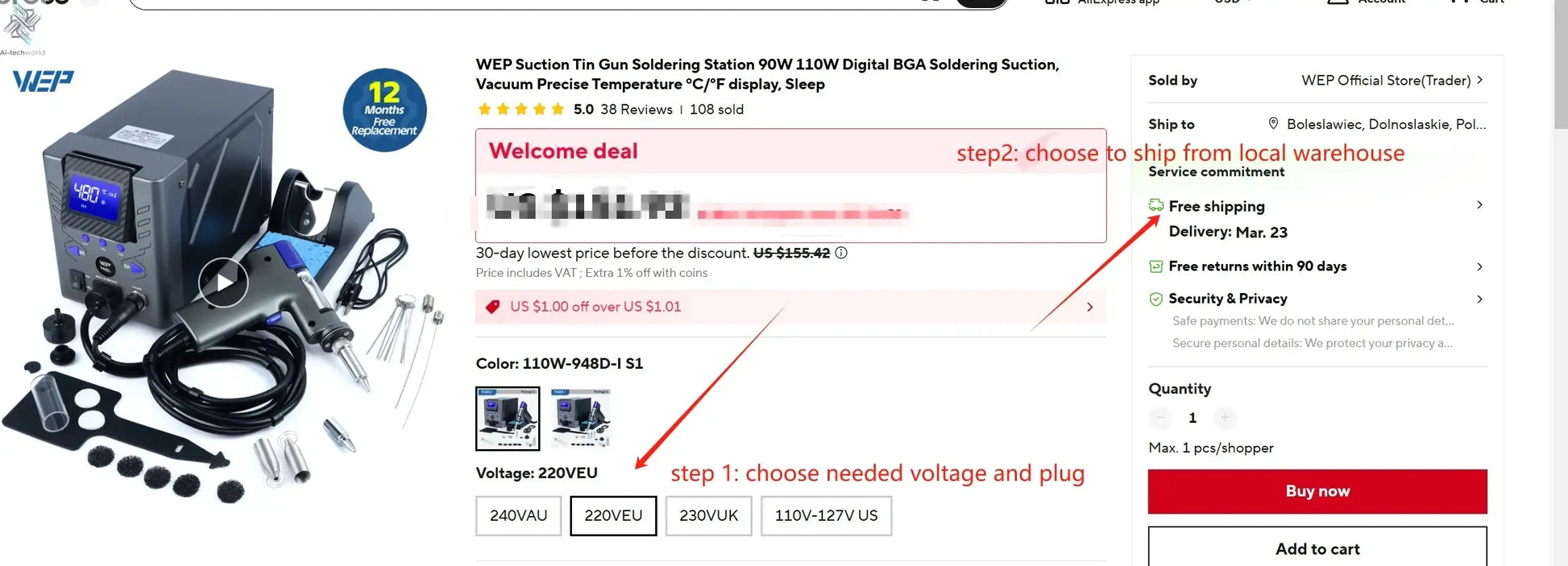 WEP Suction Tin Gun Soldering Station 90W 110W Digital BGA Soldering Suction, Vacuum Precise Temperature ºC/°F display, Sleep - Ai-TechWorld