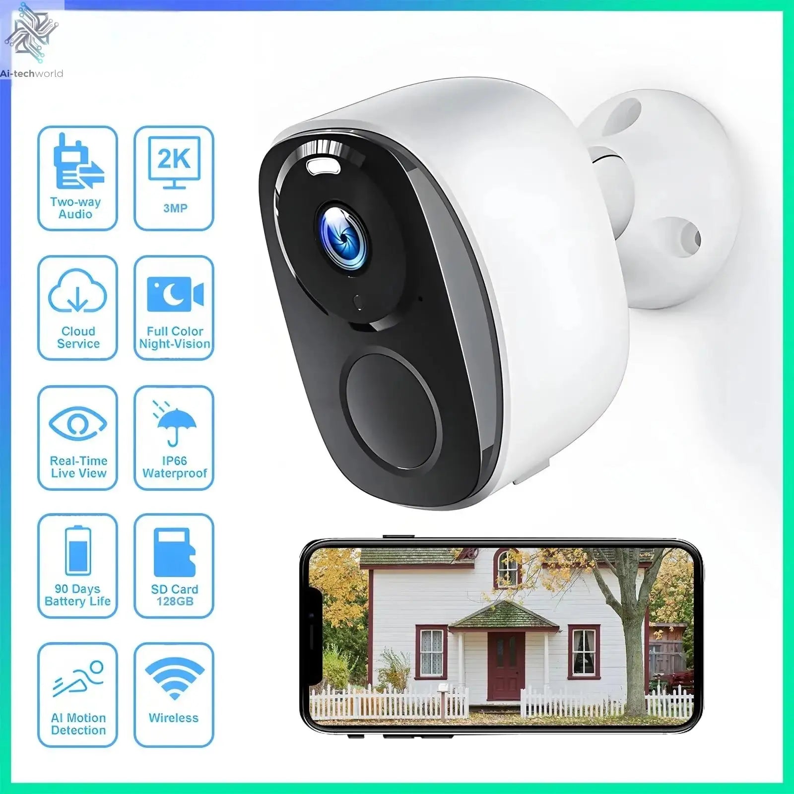 WIFI Survalance Camera 3MP Security Protection Outdoor IP Camera Smart Home Night Vision Video Recorder Battery Powered Ai-TechWorld 