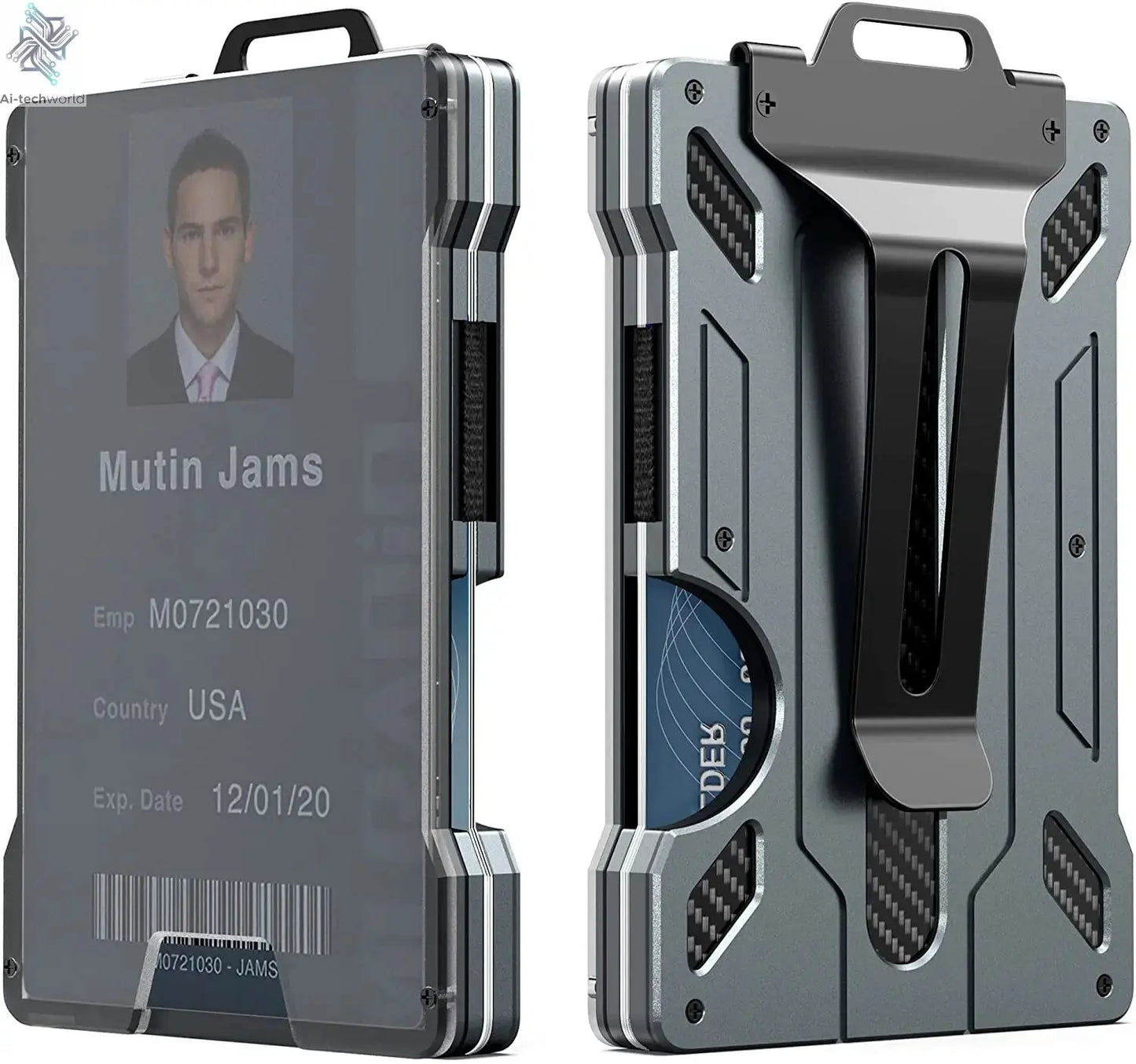Wallet for Men Slim Aluminum Metal Money Clip with 1 Clear Window ID Badge Holder RFID Blocking Holds Up 15 Cards with Cash Clip Ai-TechWorld 