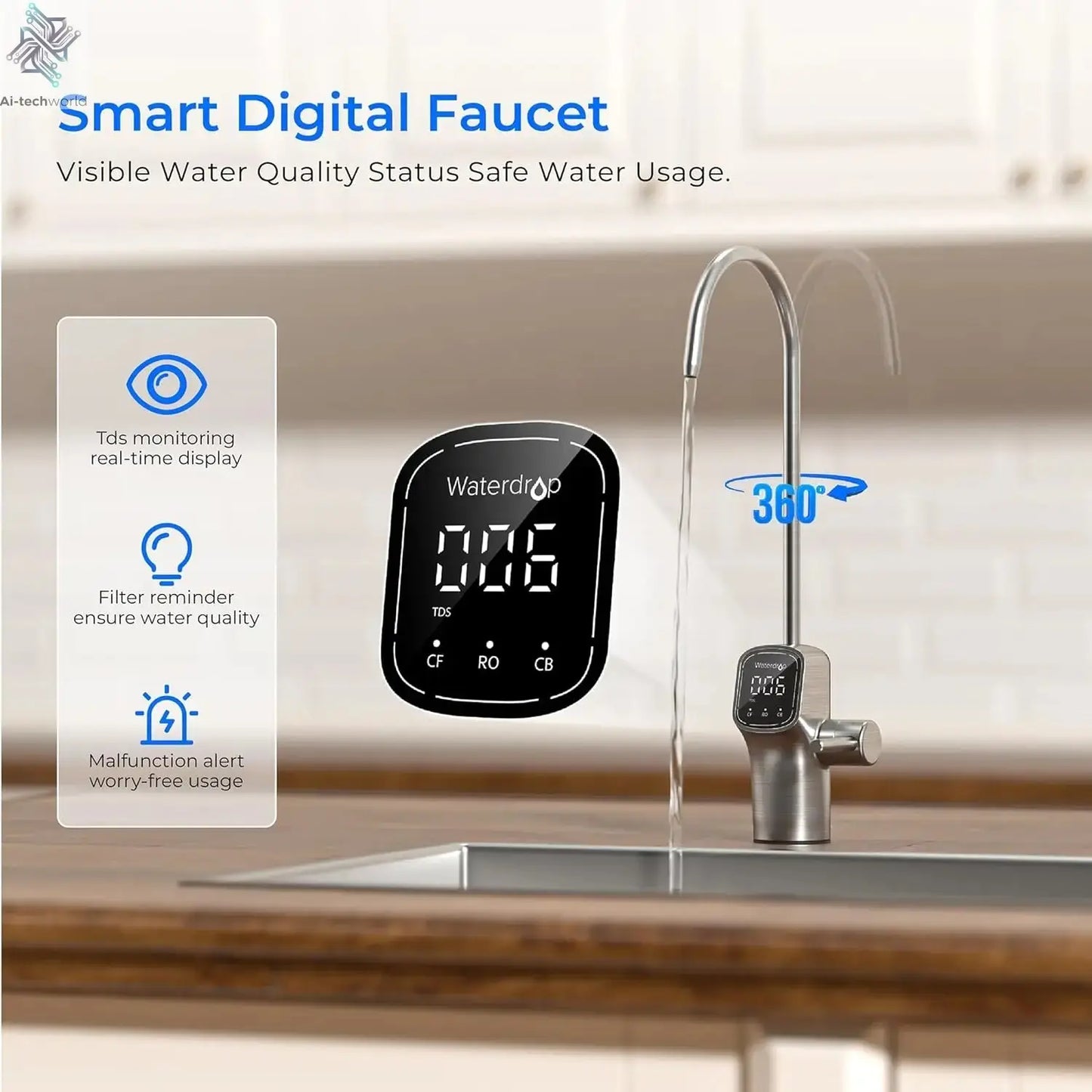 Waterdrop G3P800 Reverse Osmosis System, 800 GPD Fast Flow, NSF/ANSI 42 & 53 & 58 & 372 Certified, 3:1 Pure to Drain Ai-TechWorld 