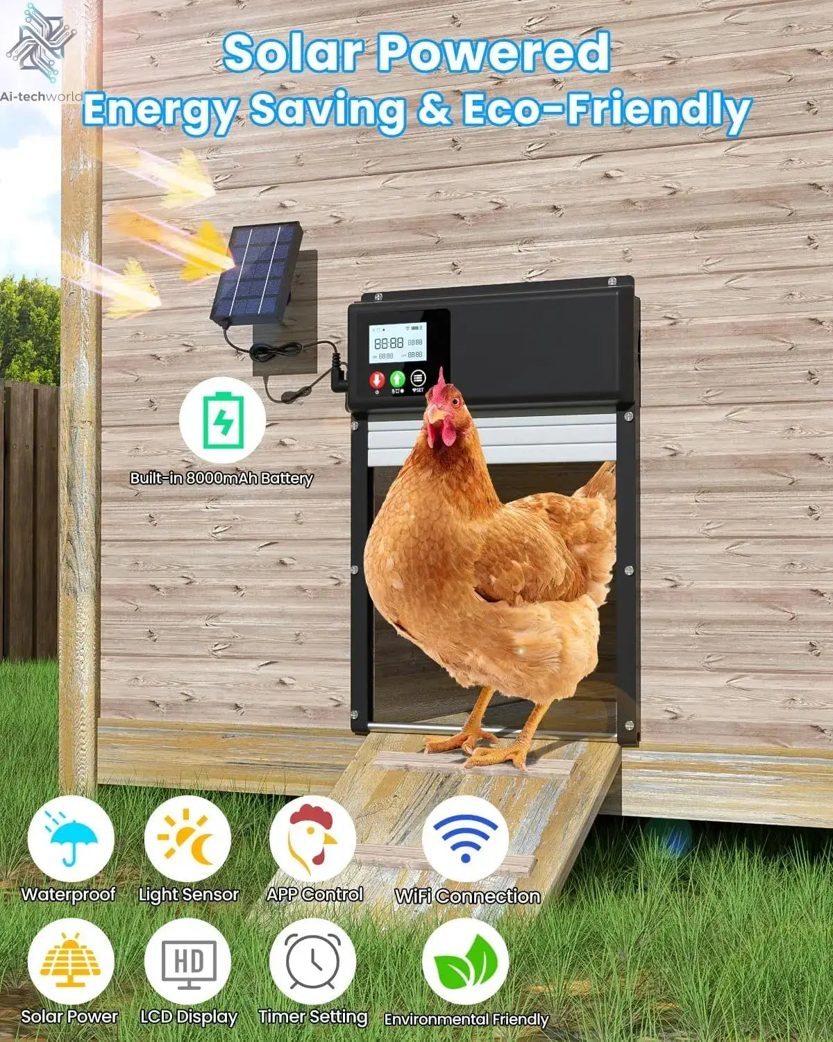WiFi remote control automatic chicken coop door opener solar powered with 8000mAh battery, timing and light sensor settings - Ai-TechWorld