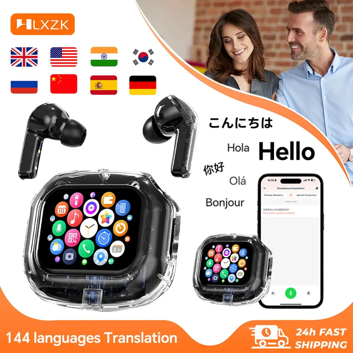 Wireless Bluetooth Headphones,144 Language Real Time Translation Earphones for Business,with Smart Touch Screen HiFi TWS Headset - Ai-TechWorld
