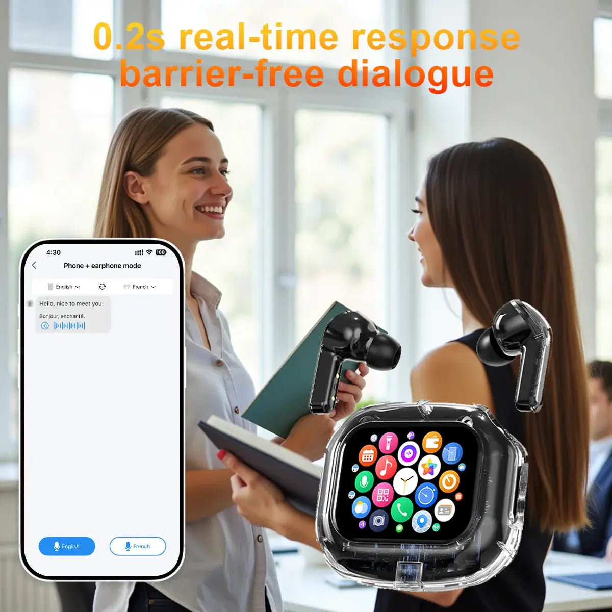 Wireless Bluetooth Headphones,144 Language Real Time Translation Earphones for Business,with Smart Touch Screen HiFi TWS Headset - Ai-TechWorld