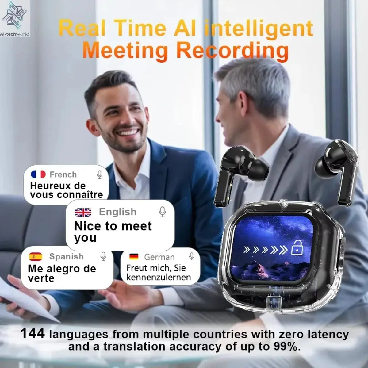 Wireless Bluetooth Headphones,144 Language Real Time Translation Earphones for Business,with Smart Touch Screen HiFi TWS Headset - Ai-TechWorld