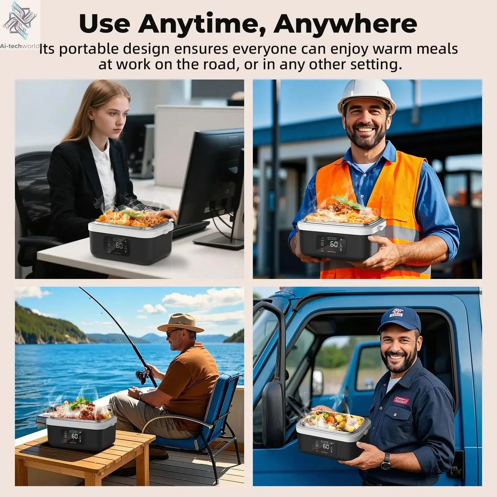 Wireless Electric Insulated Lunch Box - Built-in 8000mAh Battery, 60W Heating Lunch Box 1L Stainless Steel Lunch Box Food Warmer Ai-TechWorld 