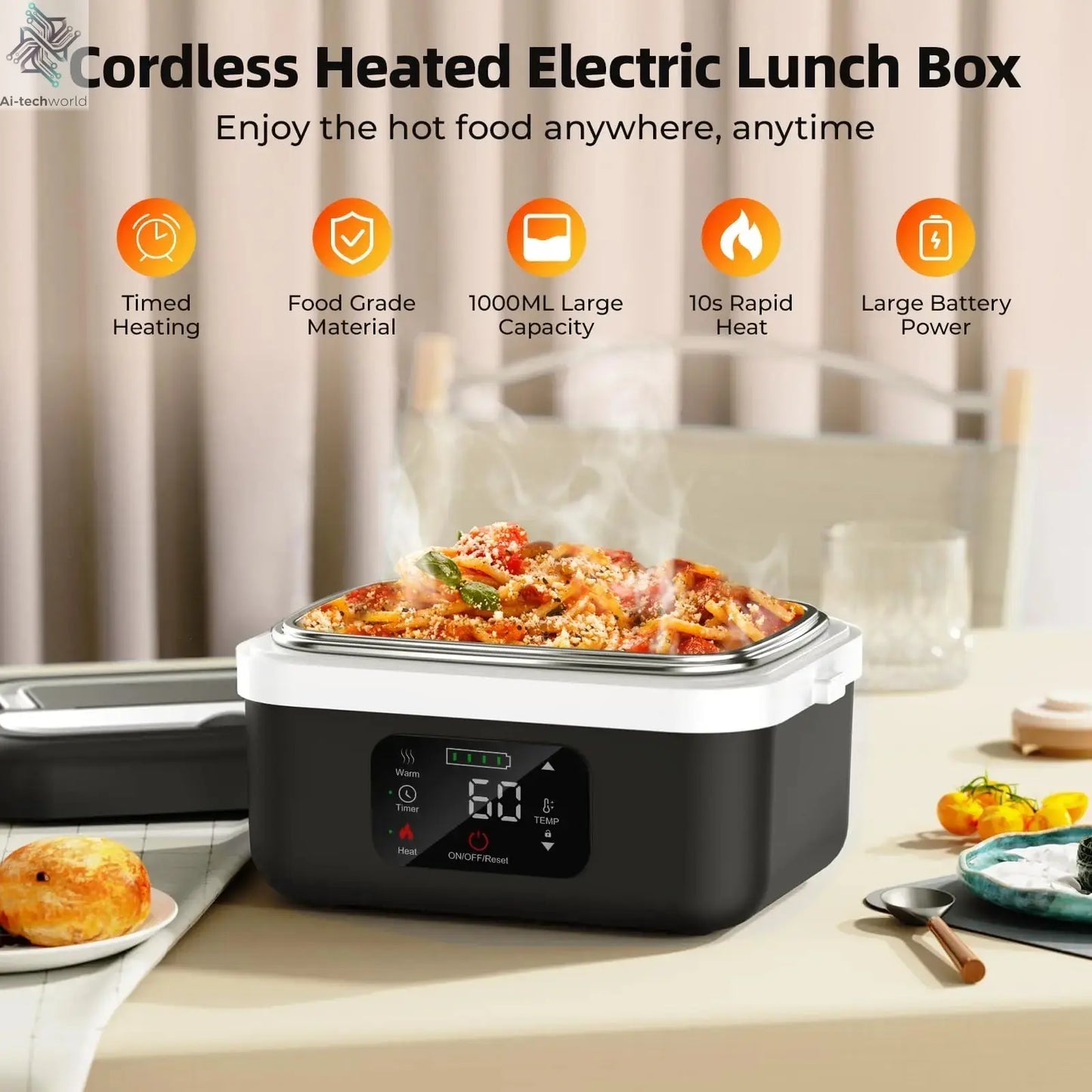 Wireless Electric Insulated Lunch Box - Built-in 8000mAh Battery, 60W Heating Lunch Box 1L Stainless Steel Lunch Box Food Warmer Ai-TechWorld 