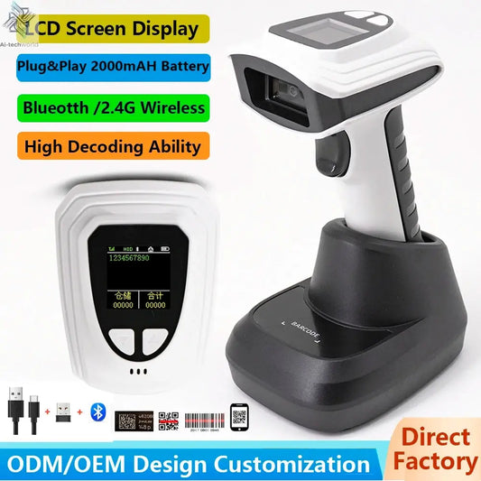 Wireless Handheld 2D Bluetooth Barcode Scanner PDF417 Data Matrix QR Code Reader with LCD Screen Display Image Logistic Reader Ai-TechWorld 