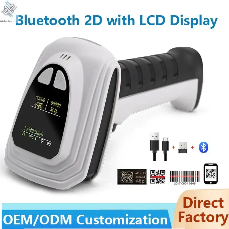 Wireless Handheld 2D Bluetooth Barcode Scanner PDF417 Data Matrix QR Code Reader with LCD Screen Display Image Logistic Reader Ai-TechWorld 
